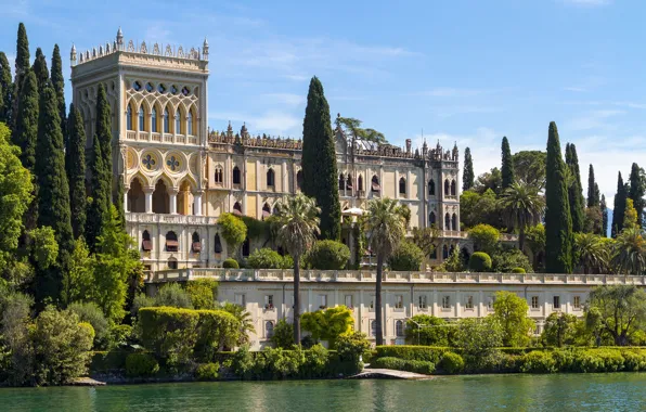 Деревья, озеро, вилла, Италия, Гарда, Isola del Garda