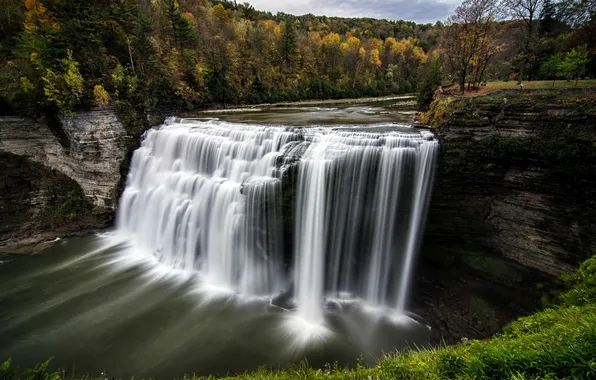 Картинка Autumn, Waterfall, Letchworth State Park, Middle Falls