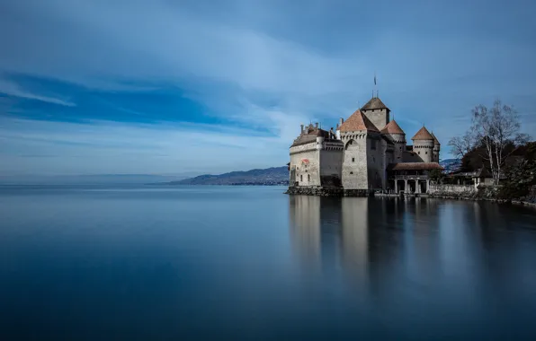 Озеро, замок, башня, Швейцария, Chillon Castle, Шильйон