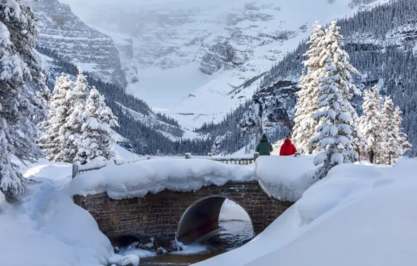 Картинка зима, снег, деревья, горы, мост, озеро, люди, ели