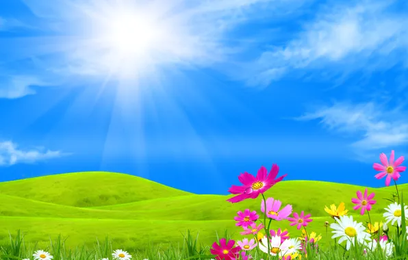 Картинка небо, трава, солнце, облака, лучи, цветы, холмы, коллаж