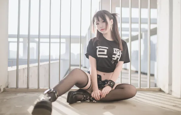Взгляд, поза, ограждение, азиатка, black stockings, look, asian, pose