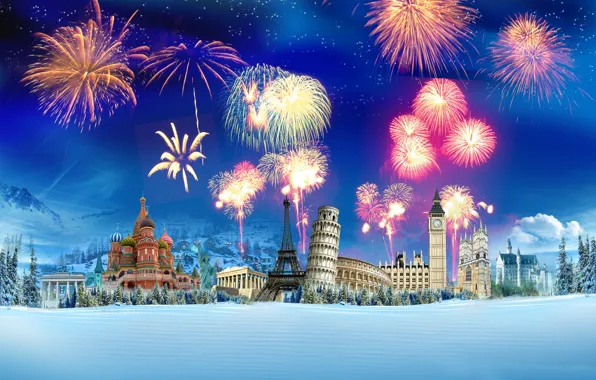 Зима, снег, эйфелева башня, салют, кремль, колизей, ёлки, пизанская башня