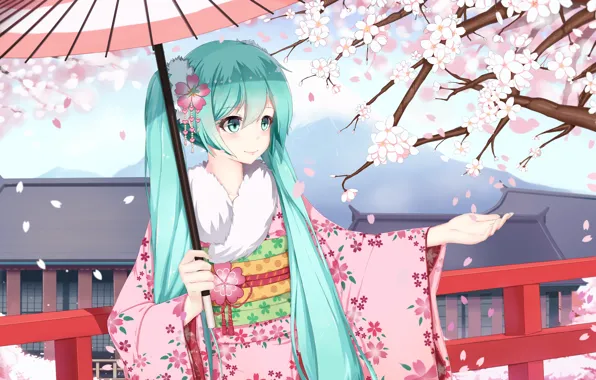 Картинка девушка, улыбка, зонт, аниме, лепестки, сакура, арт, кимоно