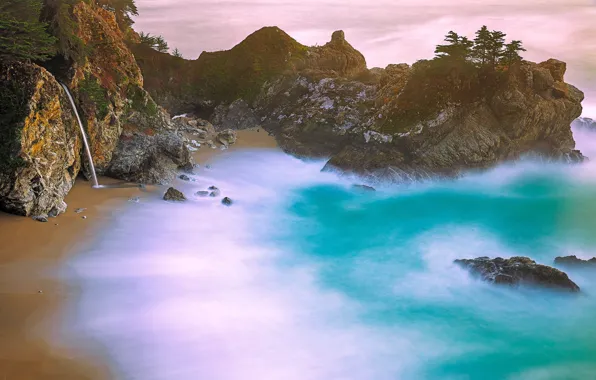 Скалы, водопад, hdr, Калифорния, США, Монтерей, Мак-Уэй