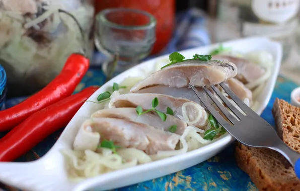 Лук, перец, закуска, сельдь