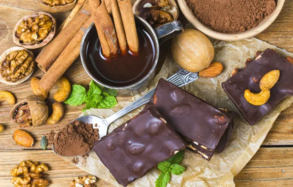 Шоколад, корица, мята, орешки