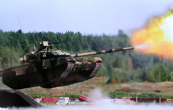 Картинка прыжок, выстрел, танк, полигон, российский, Т-90, тяжелый танк