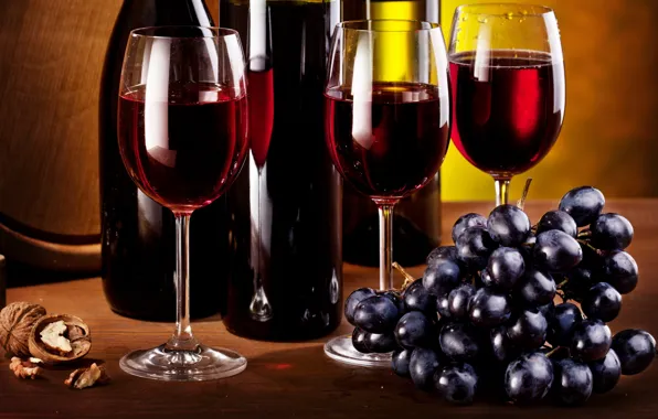 Вино, орех, бокалы, виноград, гроздь, бутылки, кисть