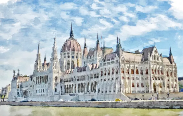 Картинка город, рисунок, акварель, парламент, Венгрия, Будапешт