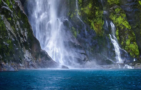 Пейзаж, горы, природа, скала, озеро, водопад, растения, rock