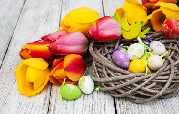 Цветы, яйца, весна, colorful, Пасха, тюльпаны, happy, yellow