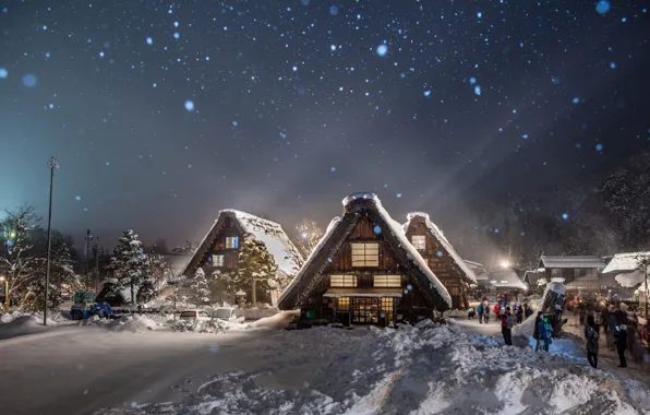Картинка зима, свет, снег, деревья, пейзаж, природа, люди, село