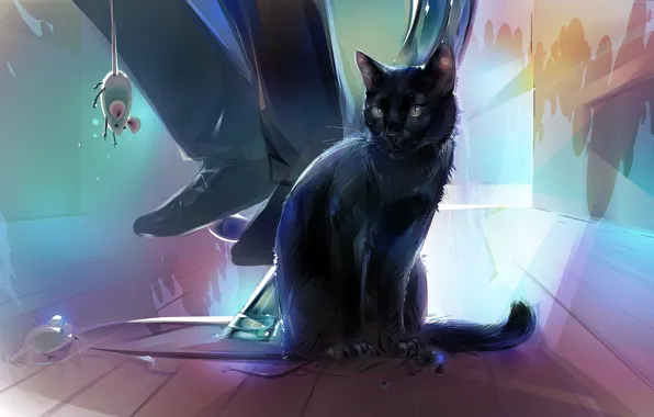 Кот, ситуация, аниме, мышка, арт, кафе