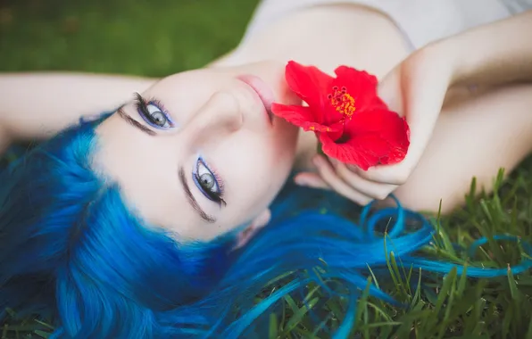 Цветок, девушка, голубые волосы