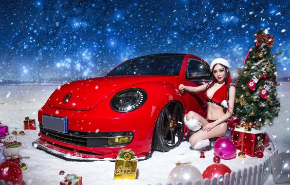 Взгляд, подарки, ёлка, азиатка, Эротика, красивая девушка, Volkswagen Beetle, красный авто