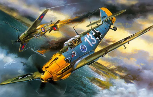 Война, рисунок, арт, Messerschmitt, Hawker Hurricane, воздушный бой, люфтваффе, британский одноместный истребитель