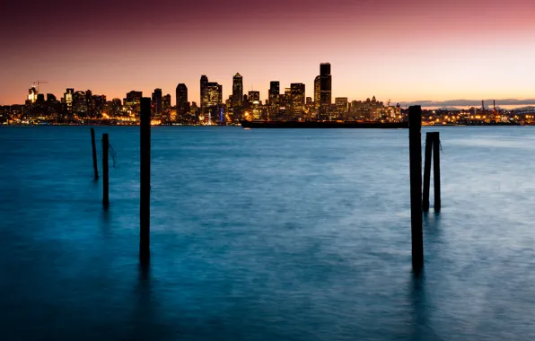 City, skyline, water, morning, sunrise, dawn, Washington, cityscape