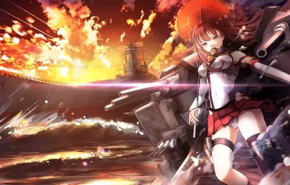 Картинка girl, gun, sea, weapon, war, umbrella, anime, marine