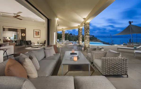 Мебель, вилла, интерьер, бассейн, France, терраса, жилое пространство, St.Tropez