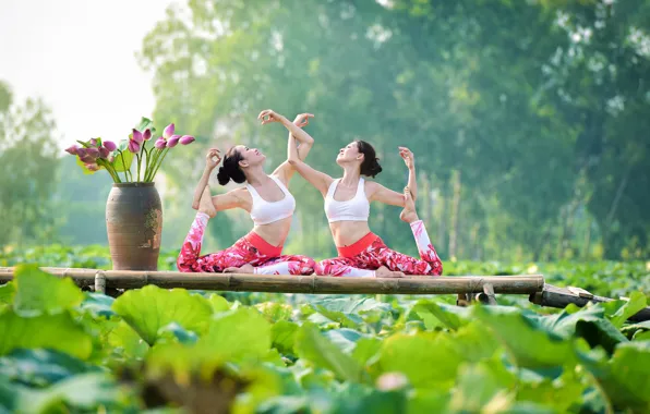Картинка лето, листья, природа, девушки, гимнастика, йога, азиатки