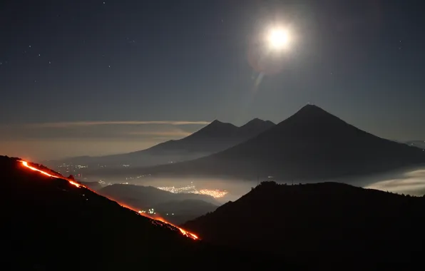 Japan, Fuji, огни ночного города, туман в горах
