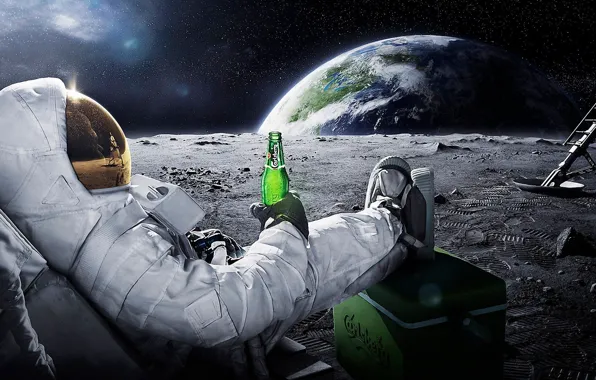 Картинка космос, земля, луна, пиво, космонавт, астронавт, carlsberg