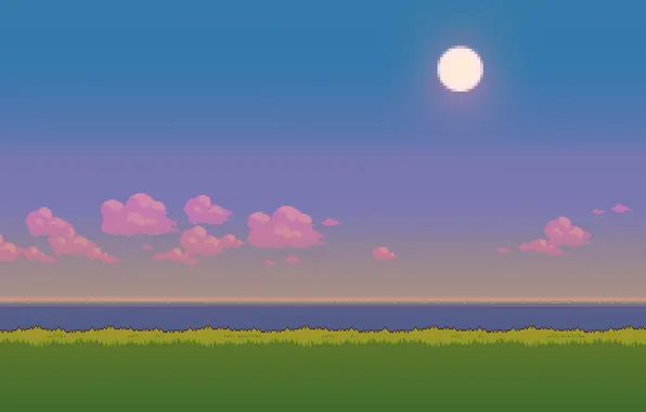 Картинка Закат, Солнце, Пейзаж, Grass, Пиксели, Sun, Evening, Pixels