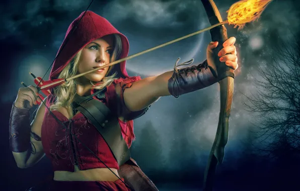 Картинка огонь, красная шапочка, лук, стрела, Red Riding Hood, Theresa Louise