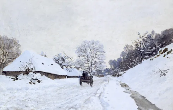Картинка зима, снег, пейзаж, картина, Клод Моне, Телега на Заснеженной Дороге и Ферма Сен-Симон