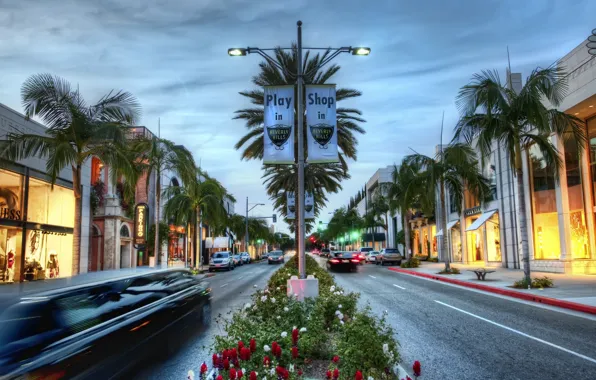 Картинка дорога, машины, california, road, сша, калифорния, магазины, hollywood