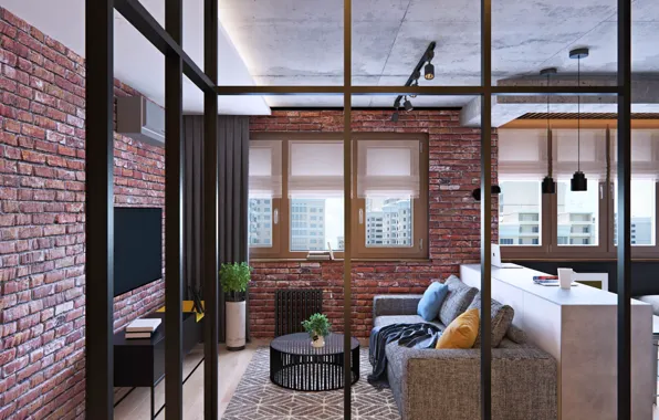 Дизайн, стиль, интерьер, гостиная, лофт, Apartment in Kotelniki