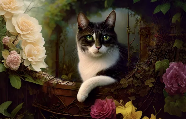 Кошка, кот, взгляд, цветы, поза, черно-белый, розы, балкон