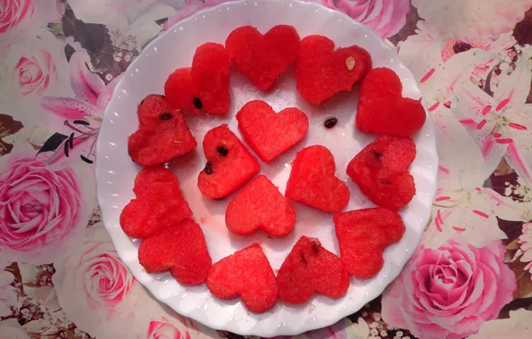 Red, hearts, fruit, watermelon, feed, seed