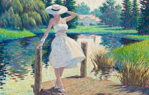 Картинка девушка, озеро, рисунок, картина, живопись, Arthur Saron Sarnoff, Pin-ap