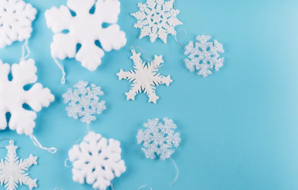 Зима, снежинки, фон, голубой, Christmas, blue, winter, background