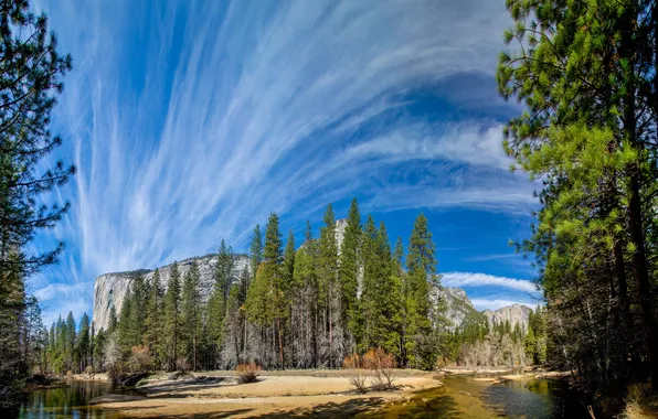 Небо, облака, деревья, река, гора, Калифорния, США, Yosemite National Park