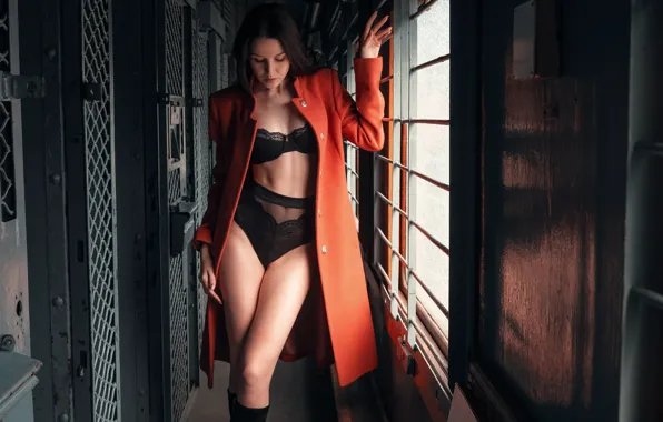 Girl, beautiful, model, coat, underwear, boots