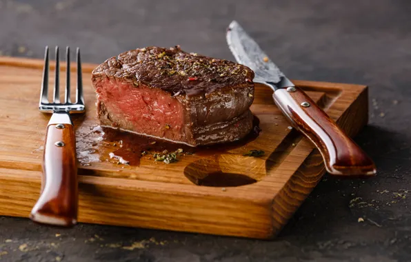 Board, fork, knife, meat, juicy, roasted