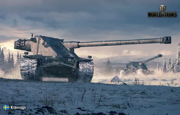 Зима, лес, снег, поляна, арт, танк, World of Tanks, тяжёлый