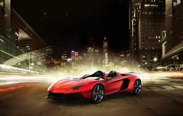 Картинка ночь, город, Lamborghini, суперкар, ламборджини, Aventador J