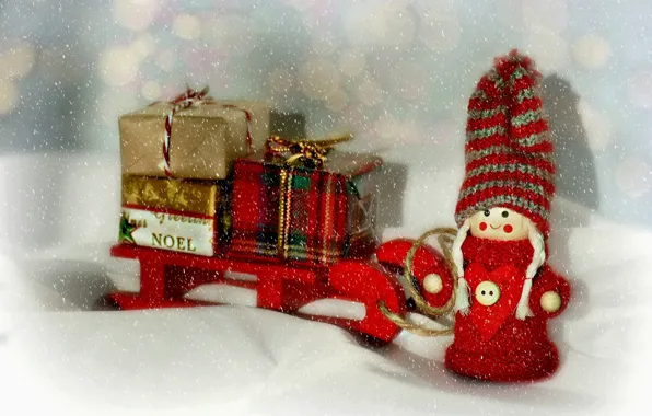 Снег, Рождество, девочка, подарки, Новый год, сани, куколка