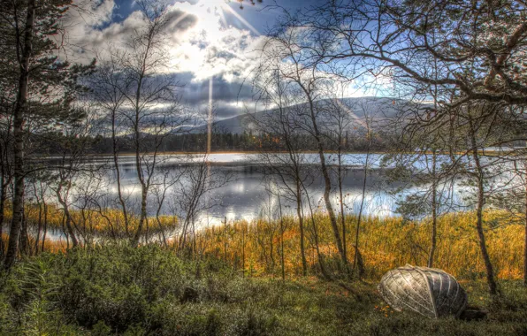 Картинка осень, солнце, деревья, пейзаж, озеро, лодка