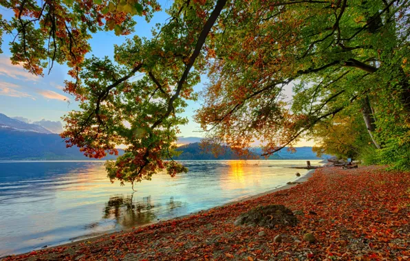 Картинка осень, небо, вода, солнце, деревья, горы, природа, отражение