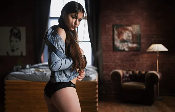Взгляд, девушка, поза, комната, волосы, трусики, джинсовка, Sergey Fat