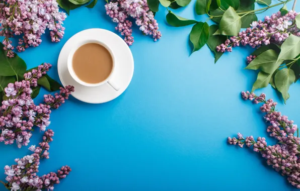 Цветы, pink, flowers, сирень, coffee cup, lilac, чашка кофе