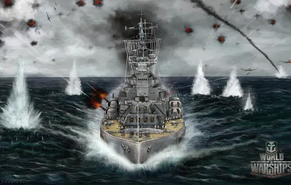 Море, корабль, взрывы, бой, арт, самолеты, сражение, World Of Warship