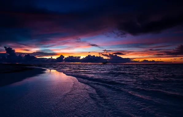 Море, пляж, природа, Закат, Мальдивы