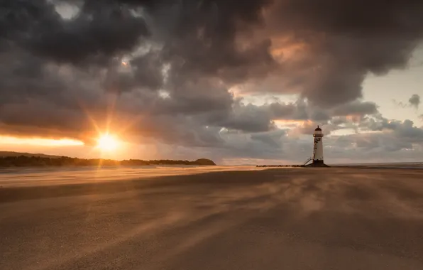Пляж, солнце, пейзаж, океан, маяк, North Wales