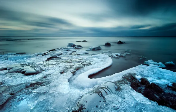 Картинка зима, море, пейзаж, закат, природа, лёд
